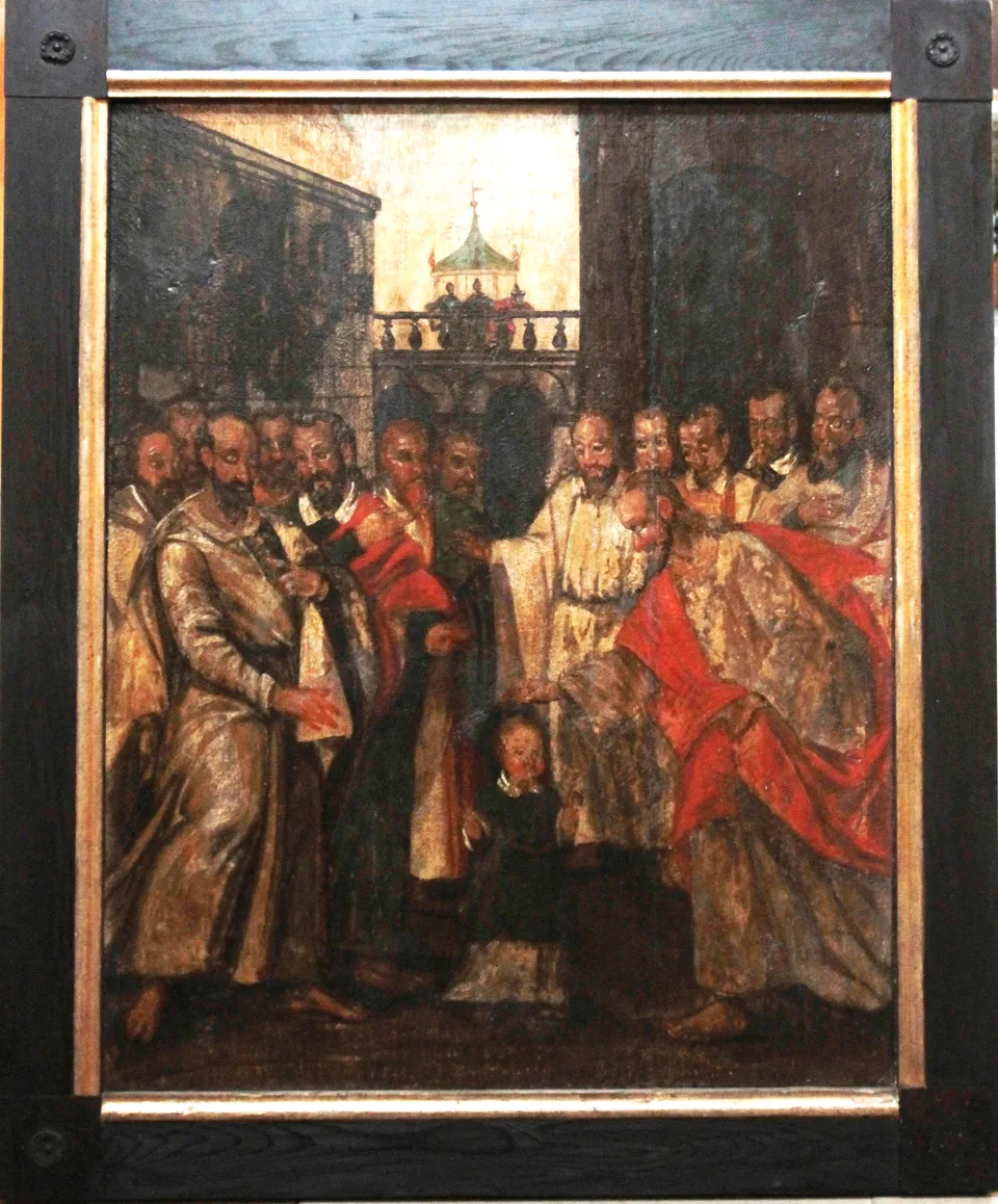 Tafelbild mit Figurengruppe und Kind vor Architektur, nach Restaurierung