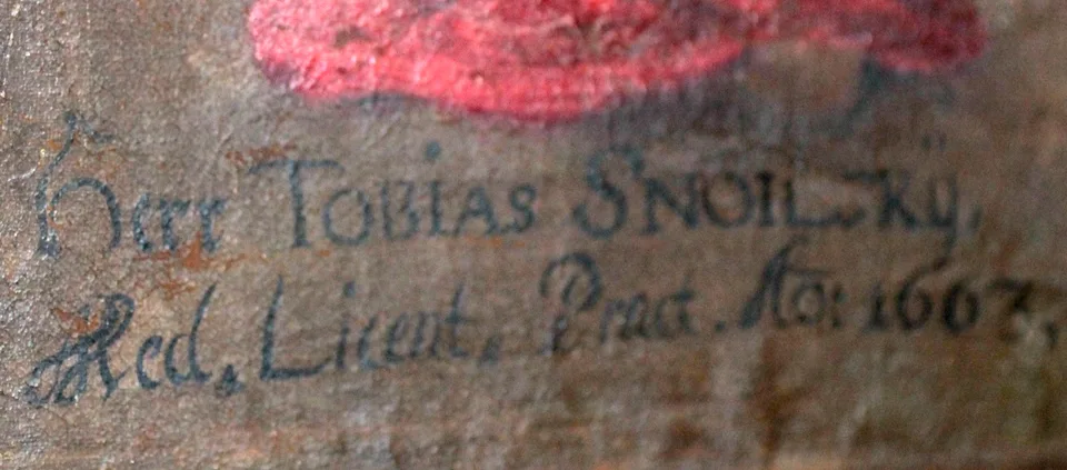 Inschrift 'Herr Tobias Snoilsky … 1663'